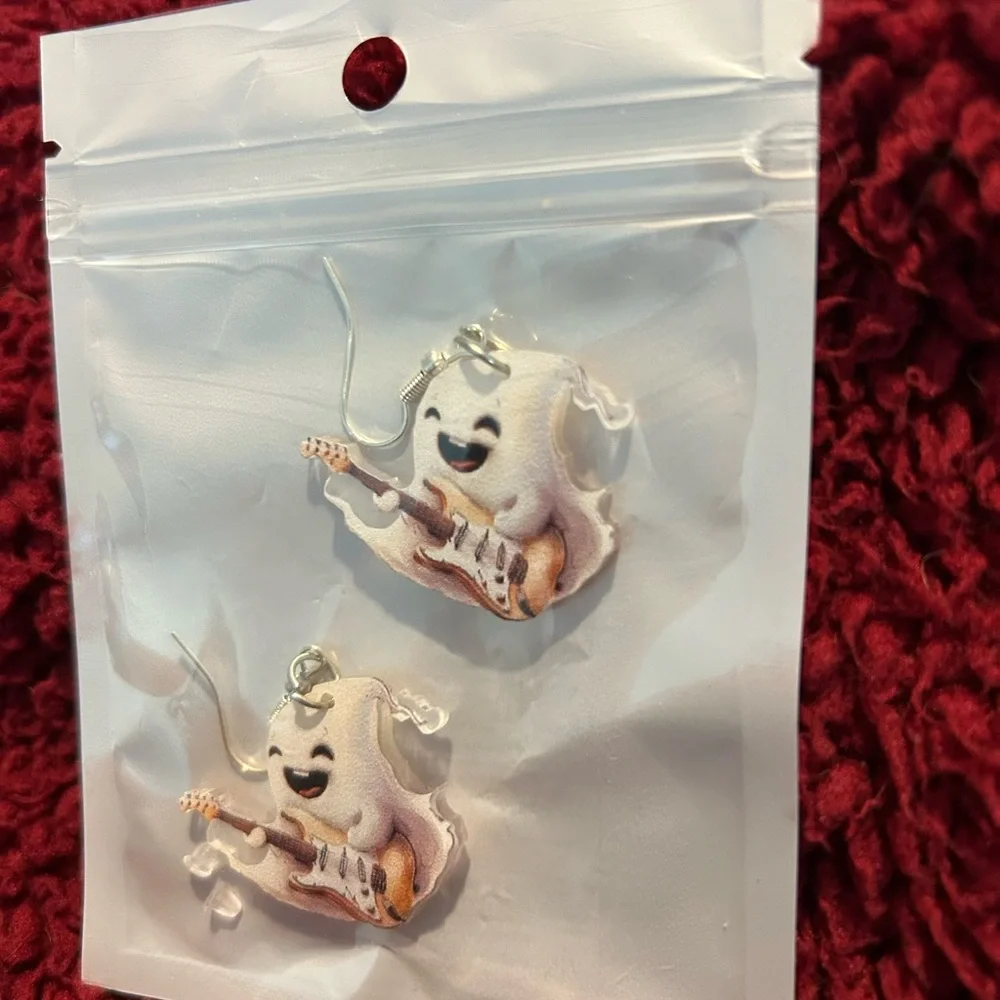 Cute Ghost Guitar Dangle Earrings - White